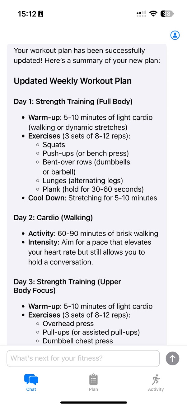 SensAI workout plan interface showing a detailed weekly workout schedule