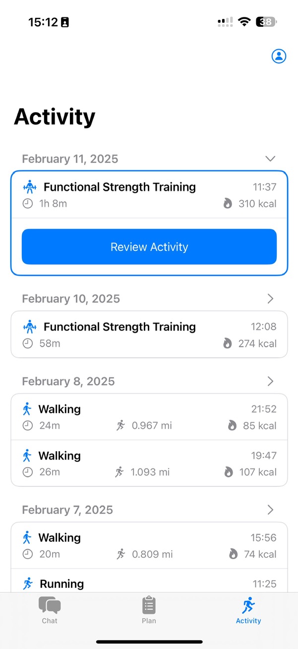 SensAI activity tracking interface showing workout history and statistics